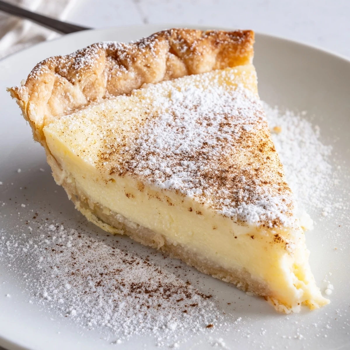 Chilled Christmas Eve Custard Pie With Cinnamon Vanilla, delicate crust, fragrant holiday aroma