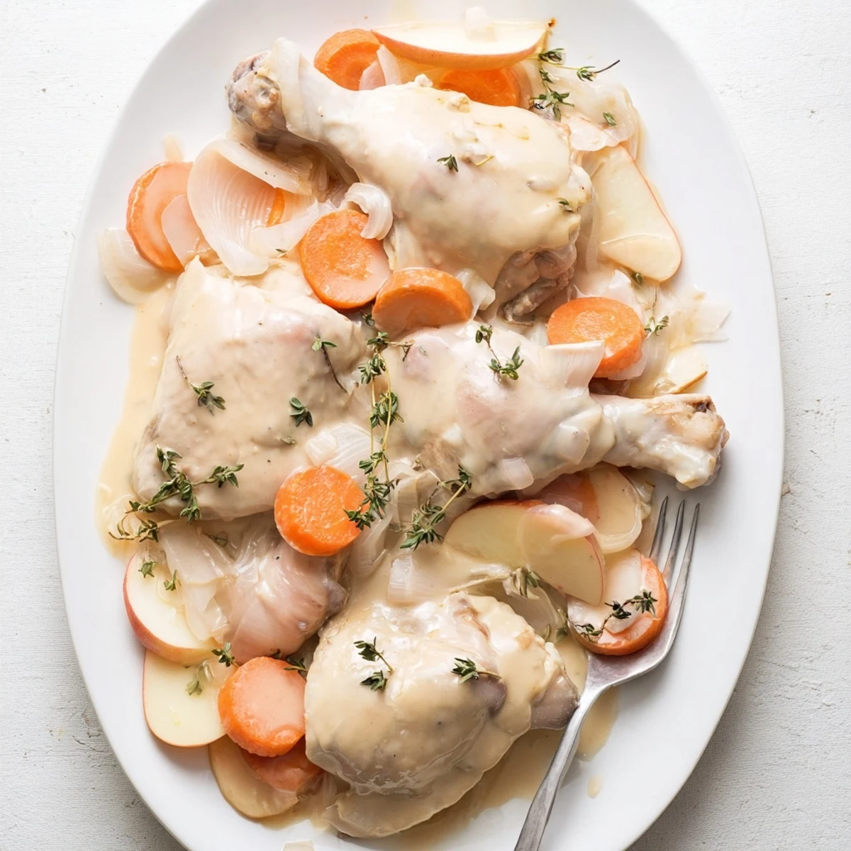 Golden brown chicken simmers in a creamy French cider sauce with tender apple slices and fresh herbs