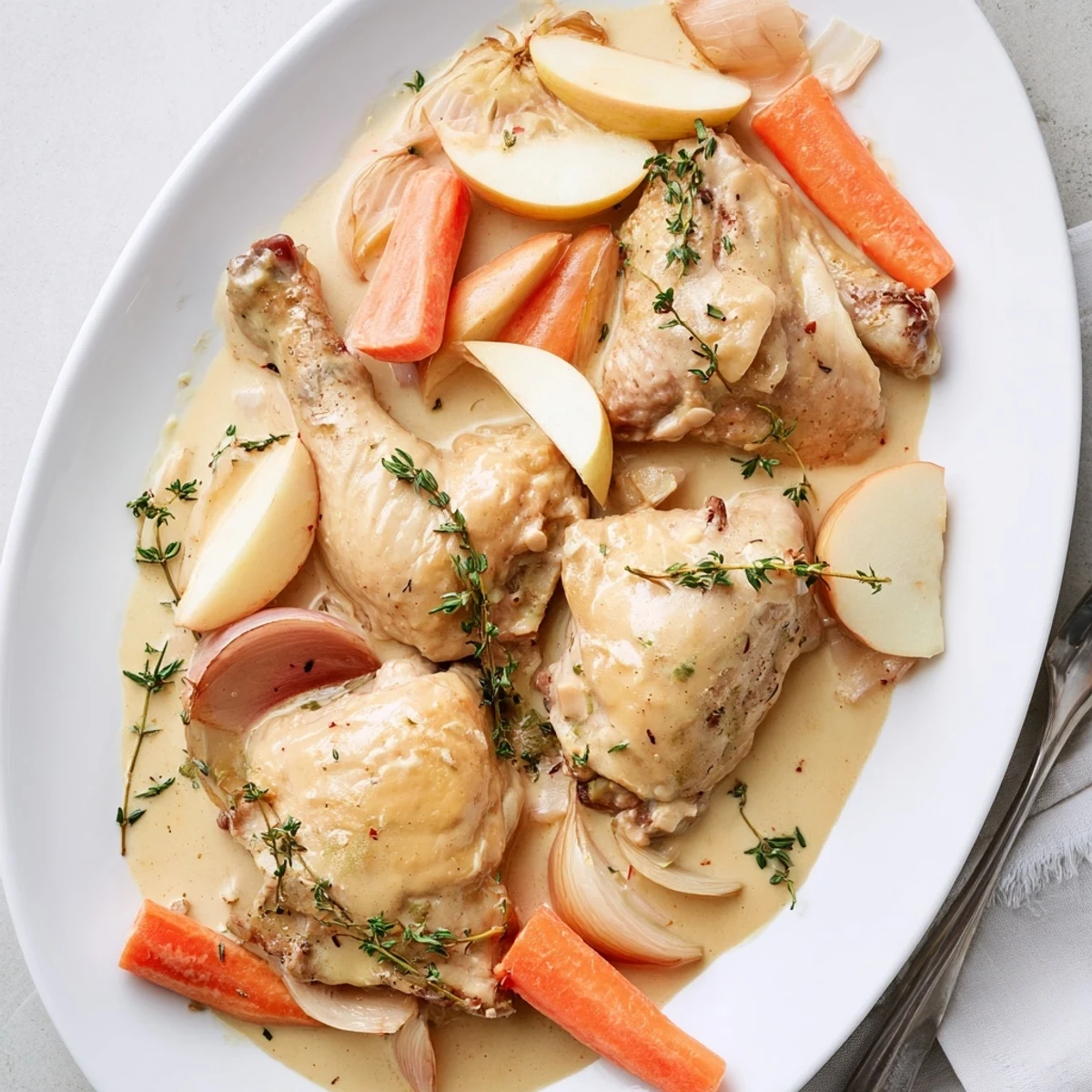 Spoonful of tender chicken Normande in rich apple brandy cream sauce served over crusty bread