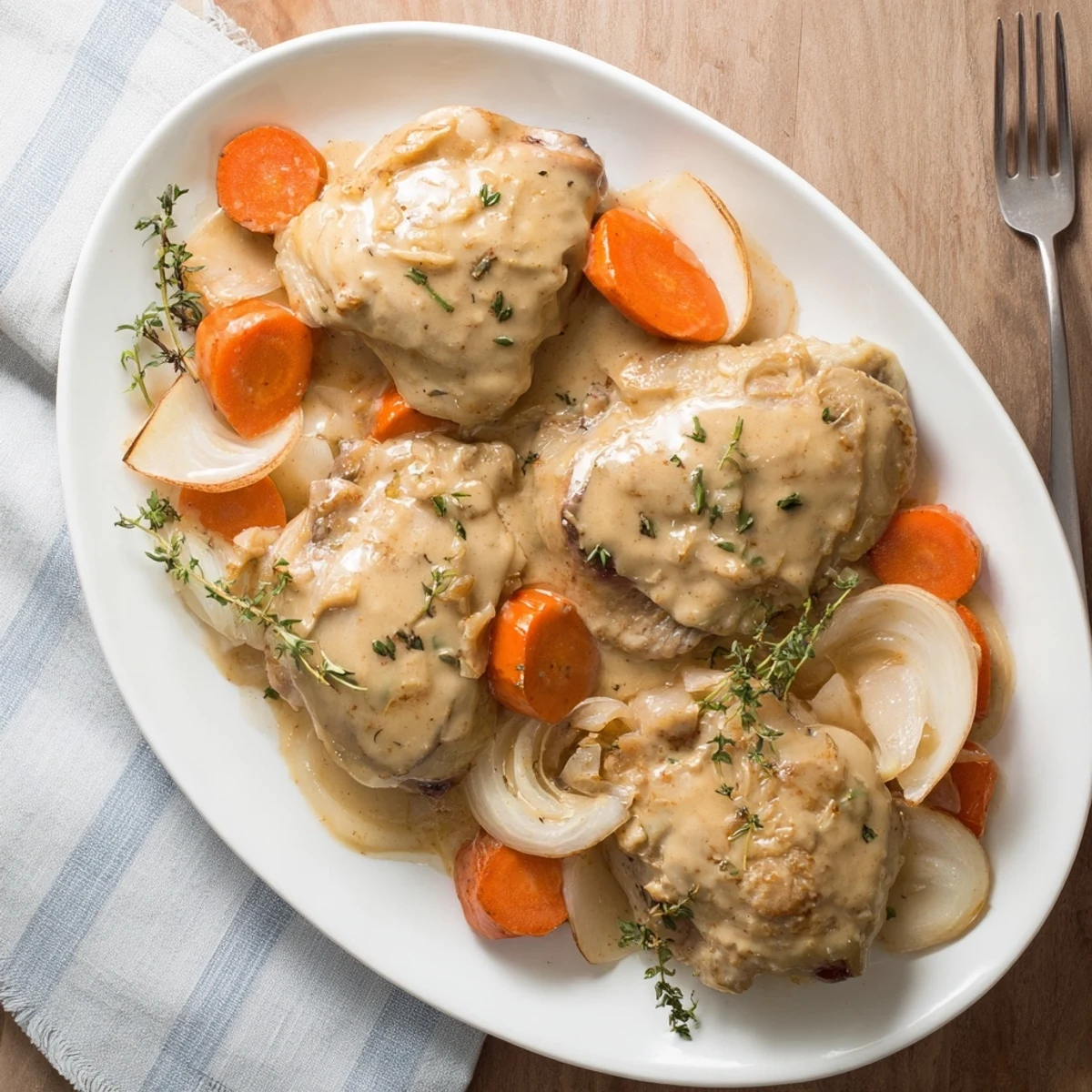 Rustic Dutch oven filled with French chicken casserole featuring apples, onions, and velvety cider cream sauce