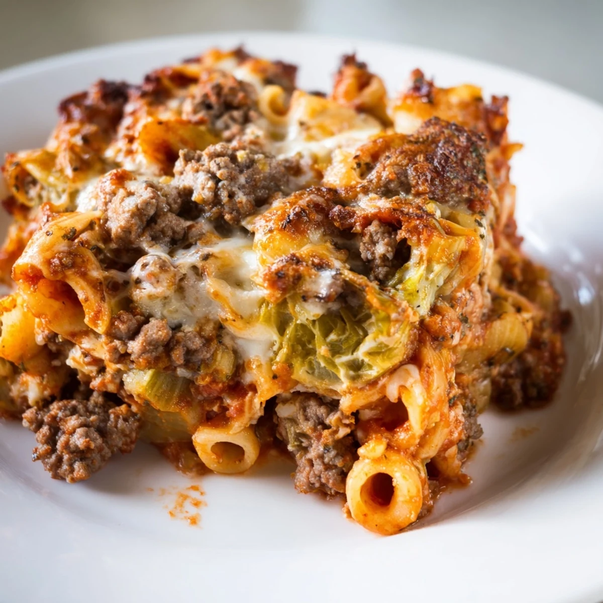 Golden bubbling cabbage roll pasta bake with melted mozzarella over beef and tomato sauce