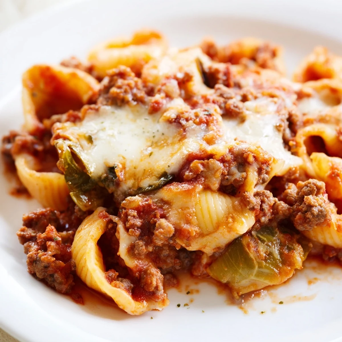 Hearty beef and cabbage pasta casserole baked until cheesy with rich tomato sauce
