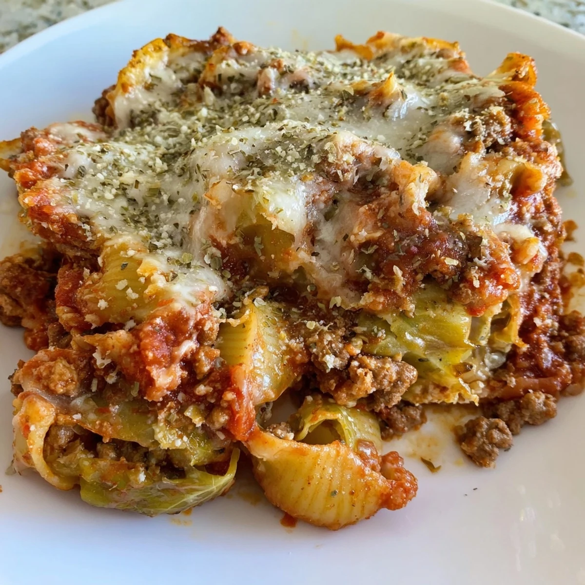 Comforting cabbage roll pasta bake featuring tender pasta shells ground beef and tangy tomatoes