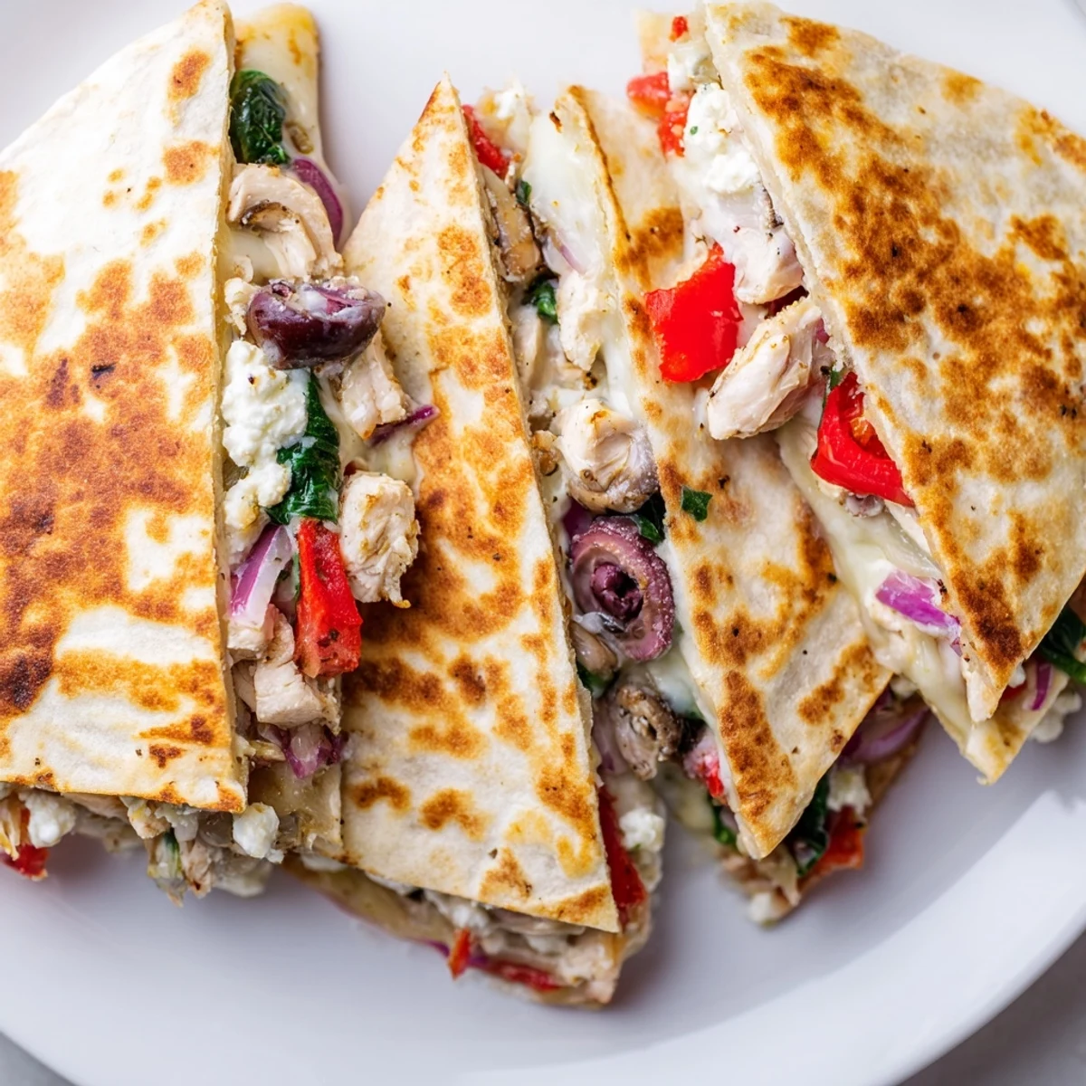 Crispy Greek chicken quesadillas featuring melty mozzarella and feta cheese with colorful Mediterranean vegetables