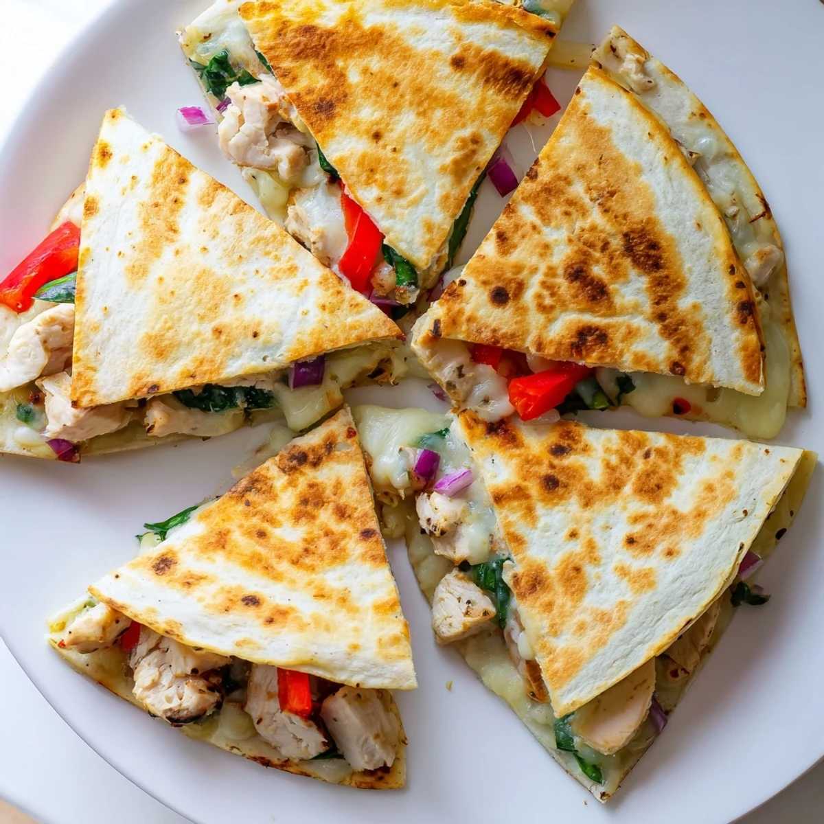Golden brown tortilla folded around seasoned chicken, roasted peppers, olives, and melted cheese blend
