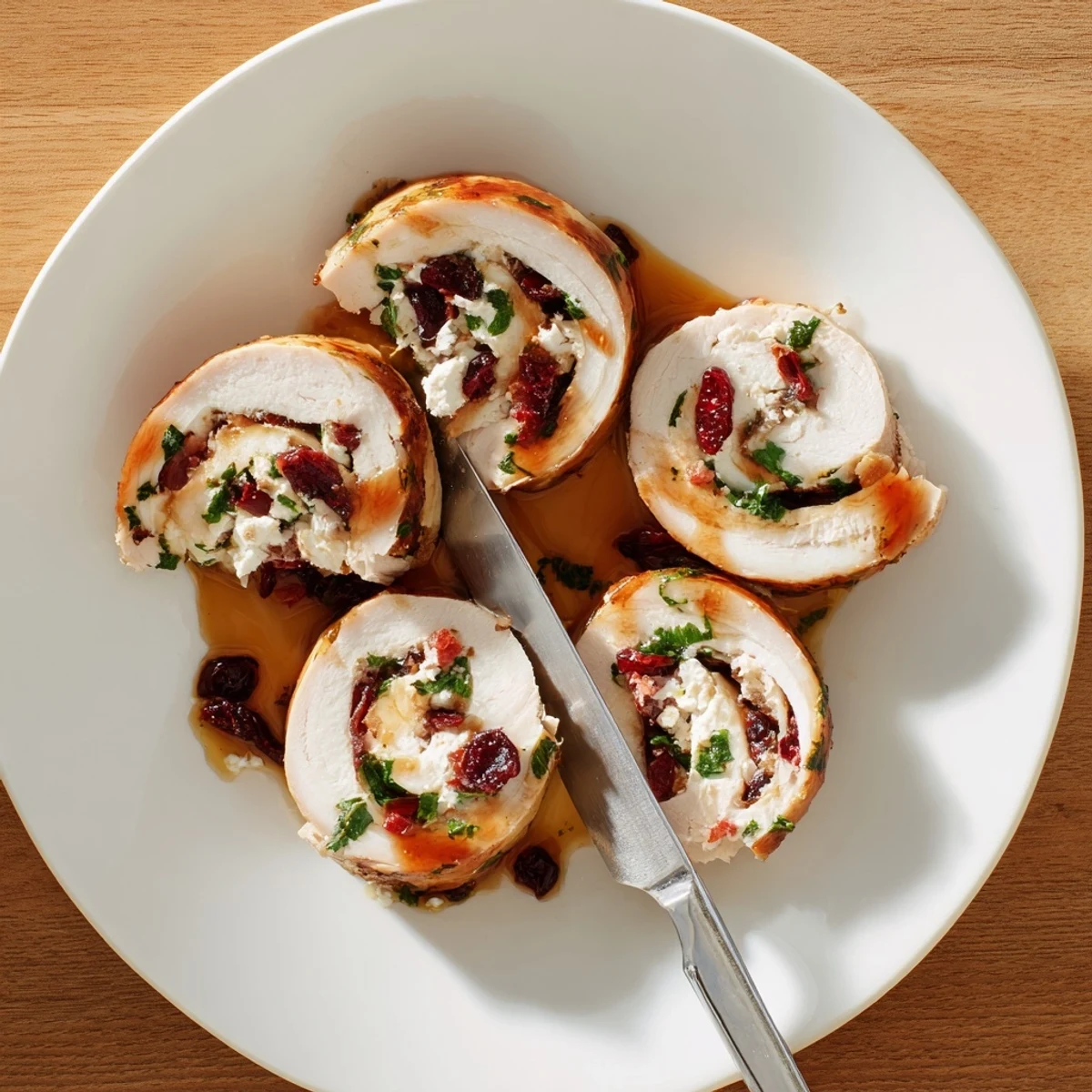 Golden glazed turkey breast roll sliced revealing creamy goat cheese and tart cranberry filling