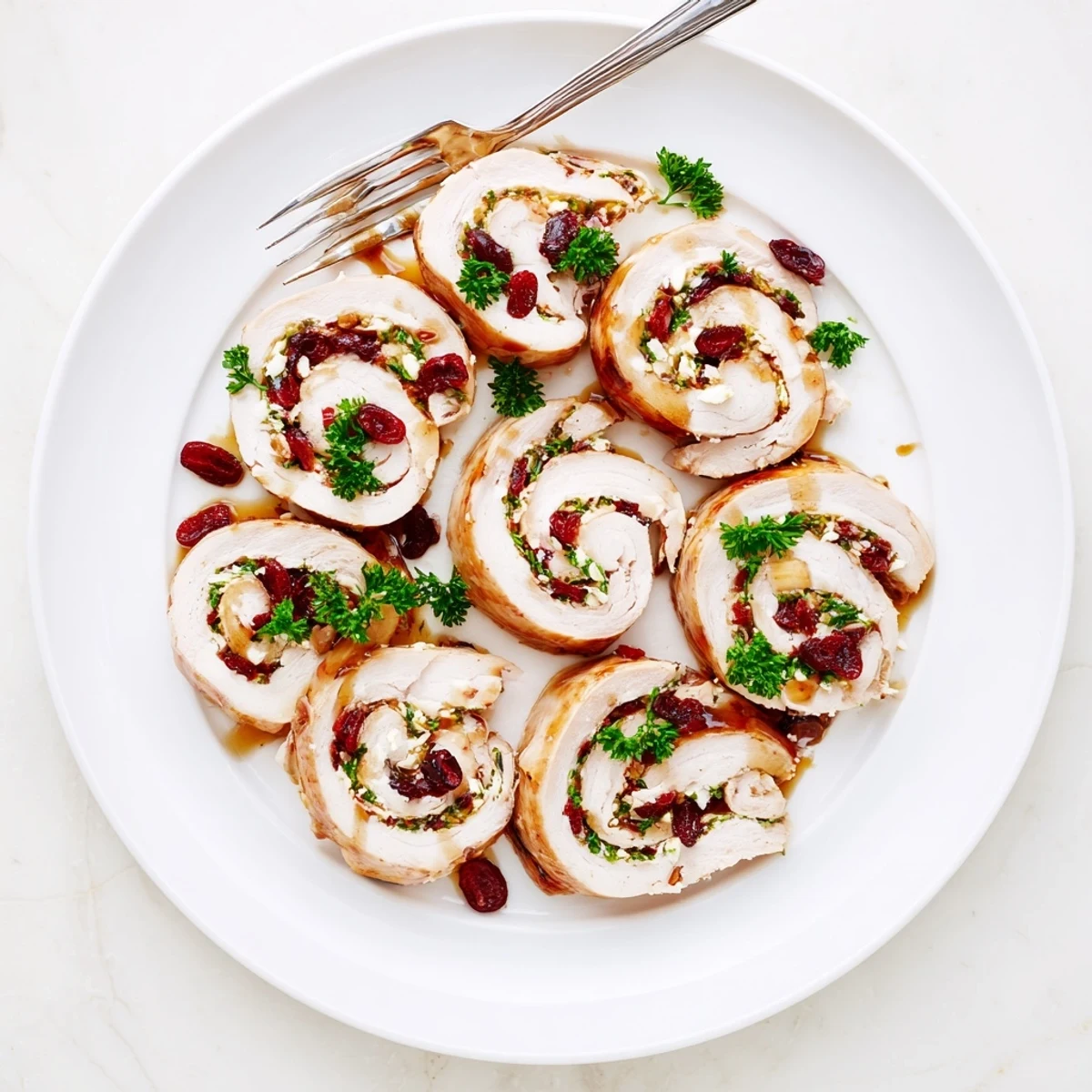 Roasted cranberry goat cheese stuffed turkey breast drizzled with honey balsamic glaze on white platter