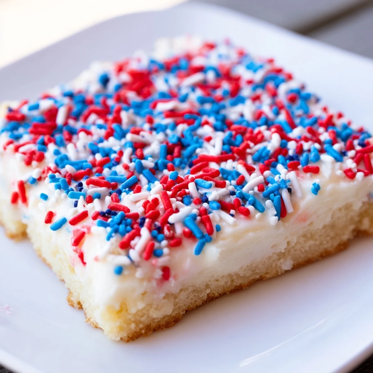 Soft 4th of July sugar cookie bars topped with creamy white frosting and patriotic red white blue sprinkles for summer parties
