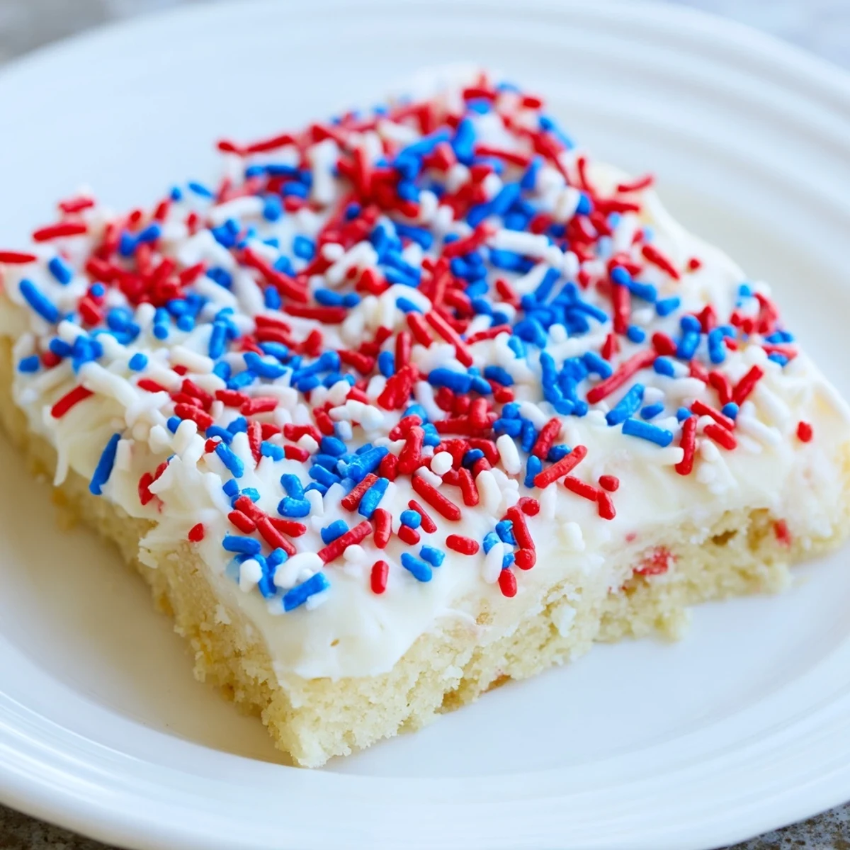 Golden 4th of July sugar cookie bars spread with smooth vanilla buttercream and colorful sprinkles perfect for Independence Day desserts