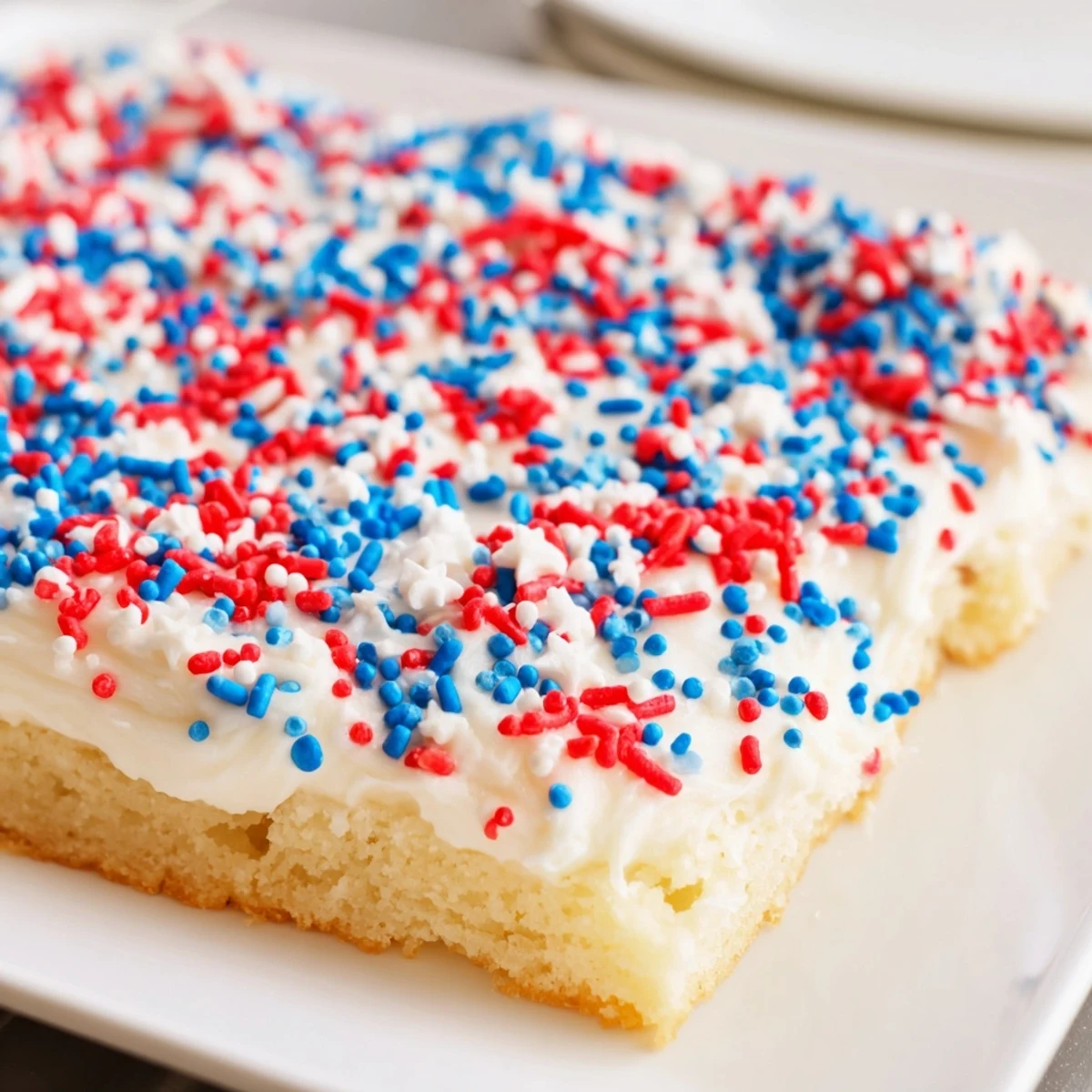 Homemade 4th of July sugar cookie bars with fluffy white frosting and festive star sprinkles on a patriotic serving platter
