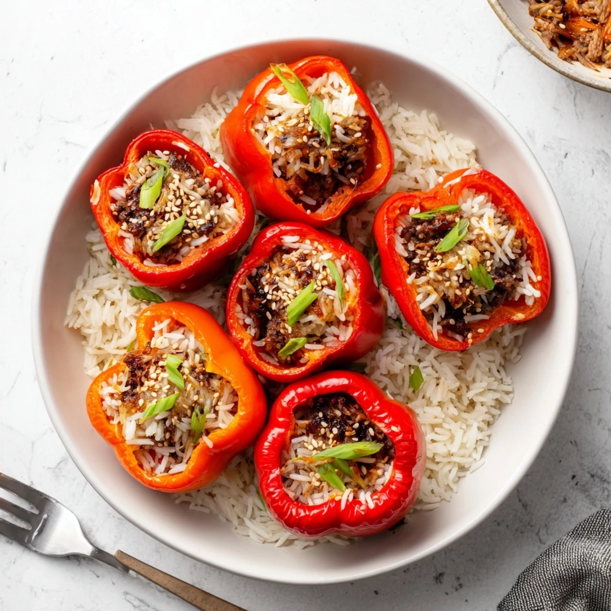 Golden roasted Korean beef bulgogi stuffed bell peppers topped with sesame seeds and scallions