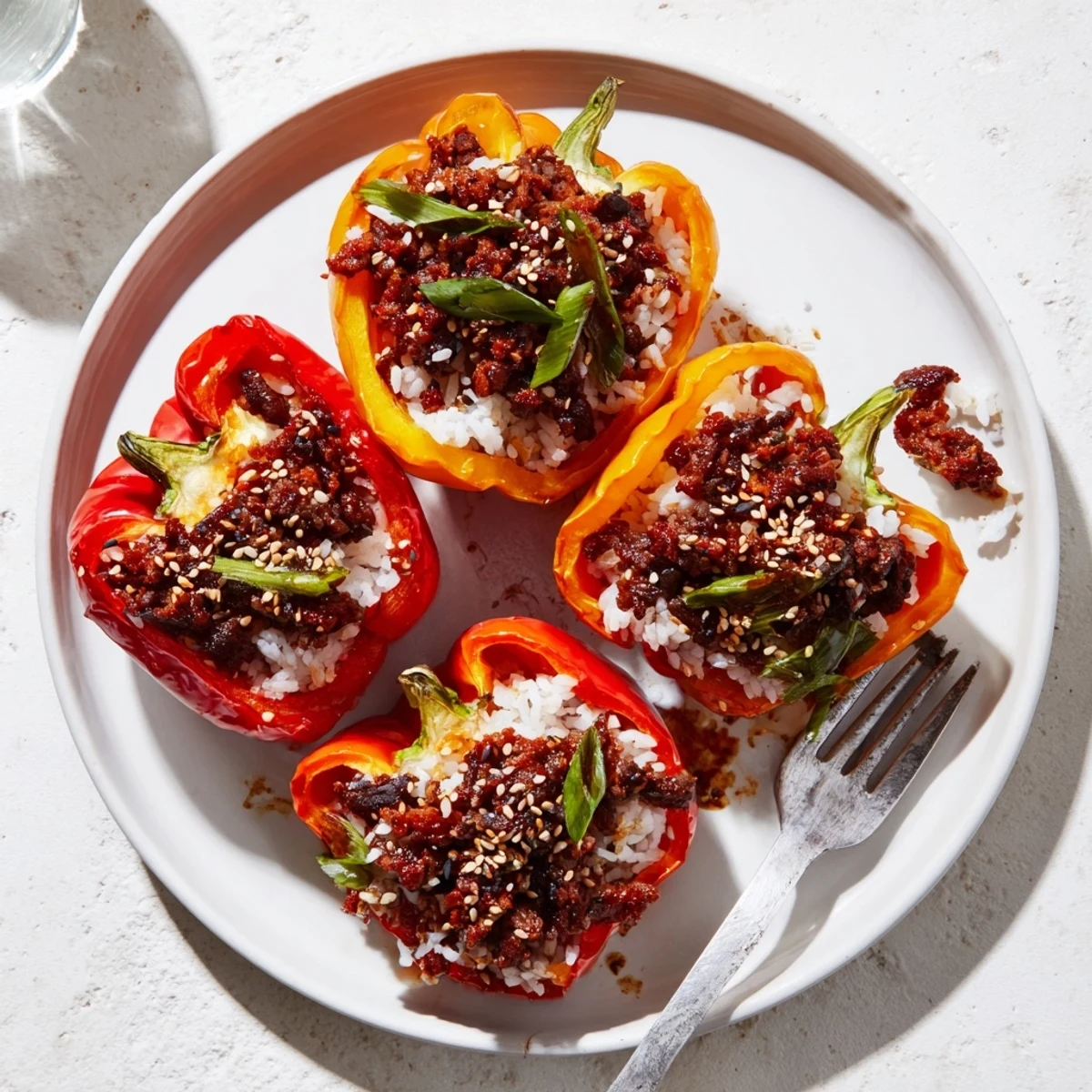 Colorful bell peppers filled with savory Korean beef bulgogi and fluffy jasmine rice mixture