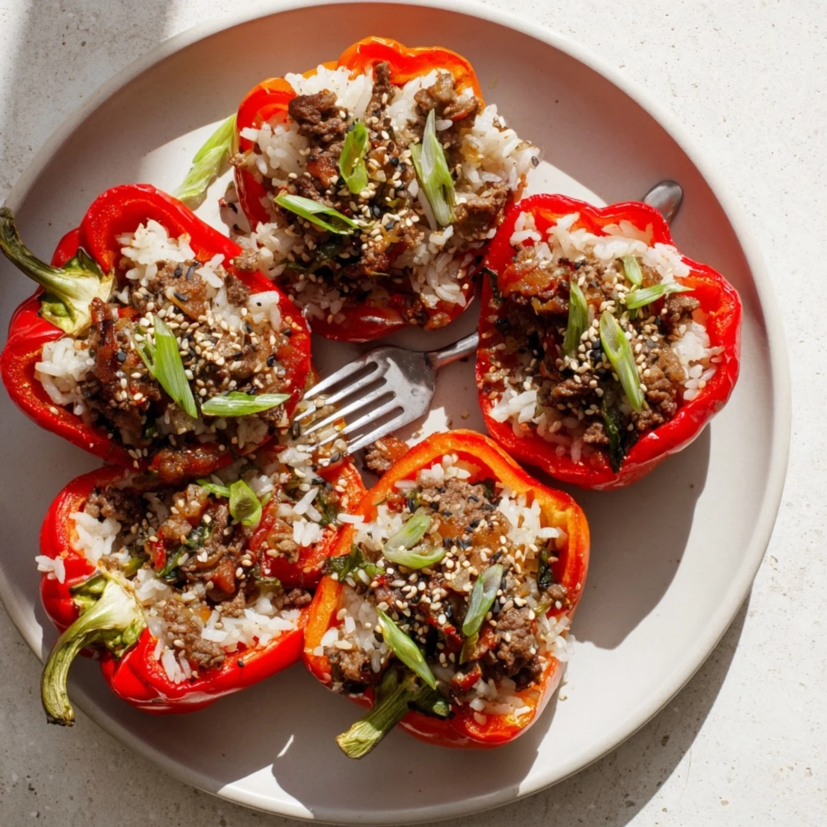 Freshly baked Korean beef bulgogi stuffed peppers garnished with green onions and toasted sesame