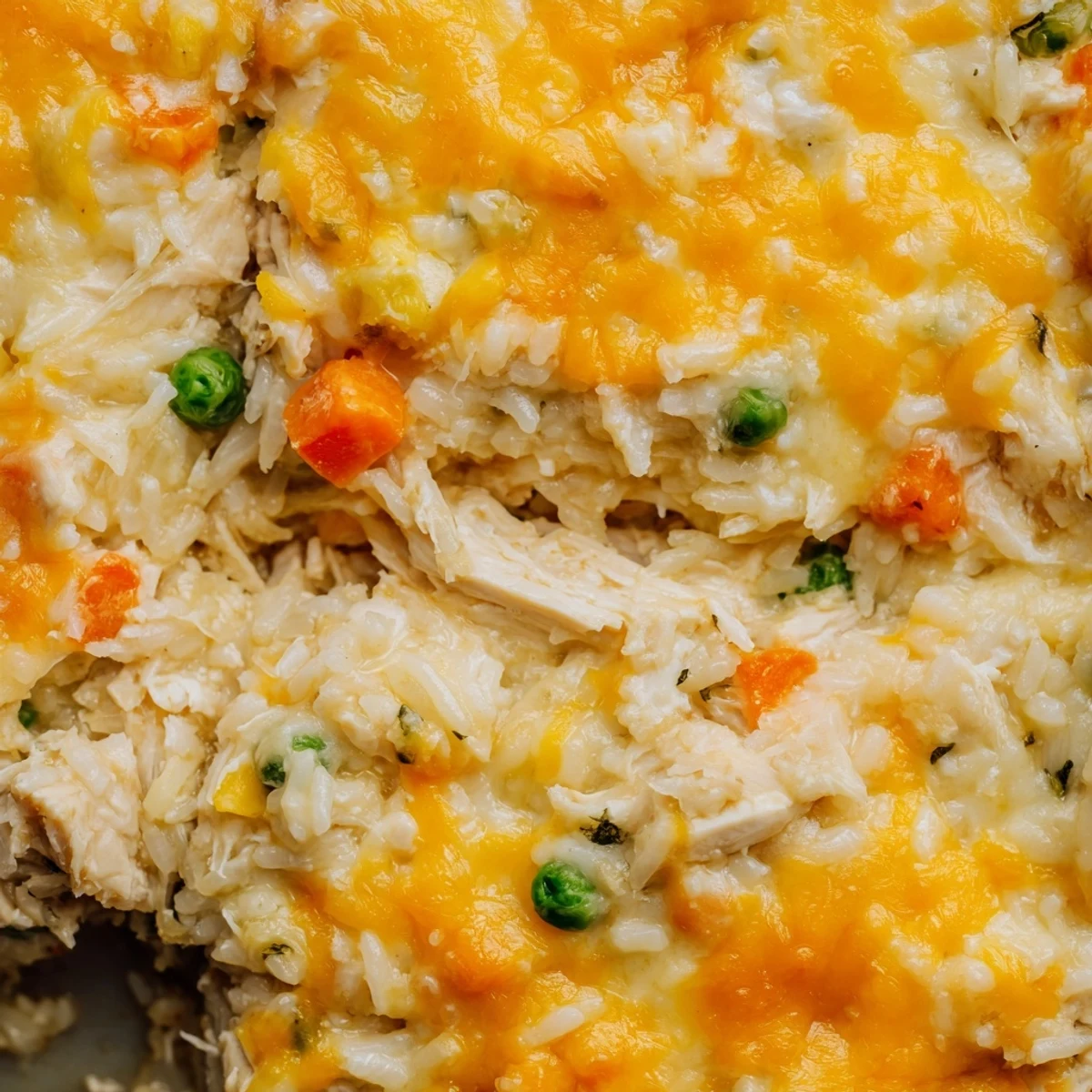 Golden creamy chicken and rice casserole baked with melted cheddar cheese topping
