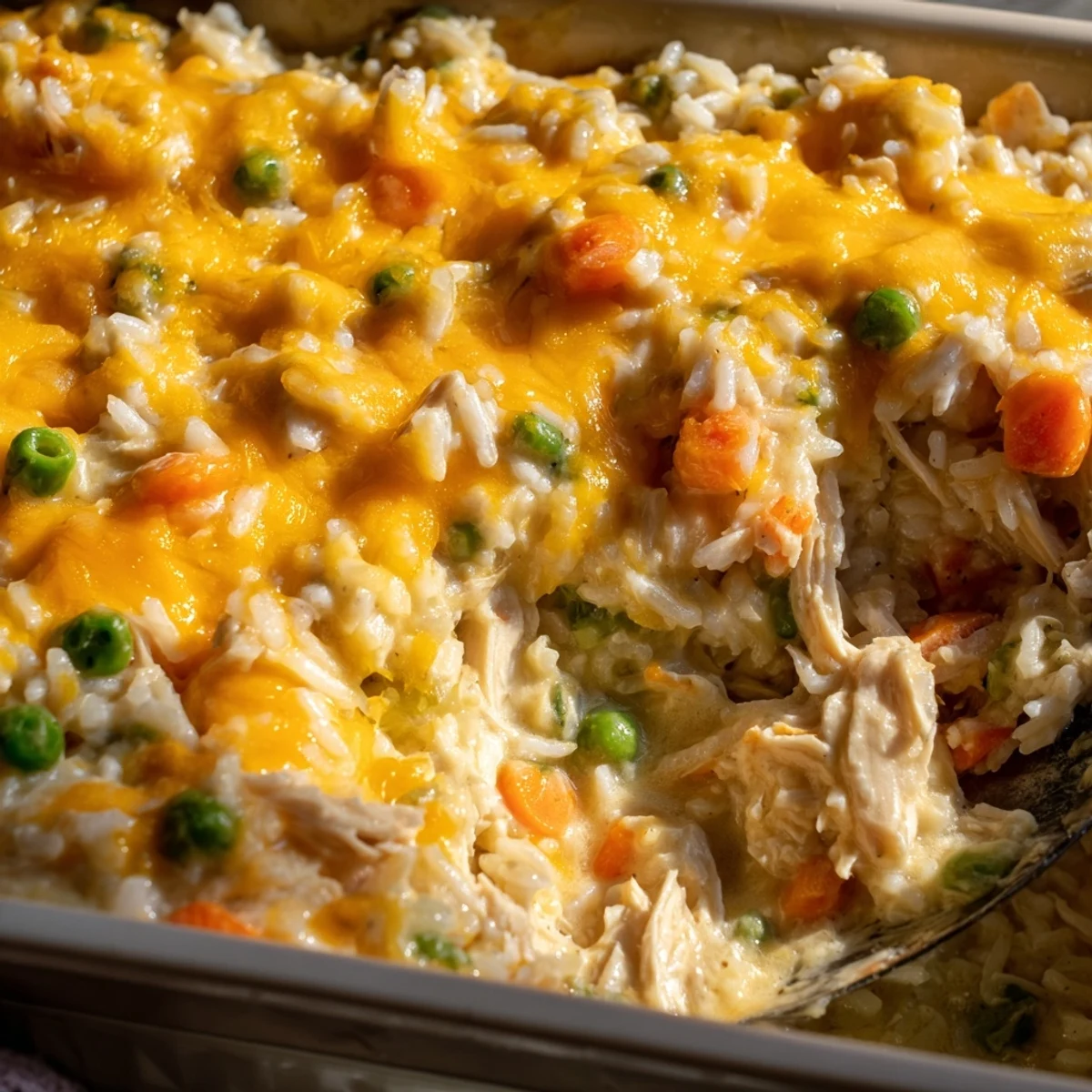Bubbling chicken rice casserole with tender meat and colorful peas in rich sauce