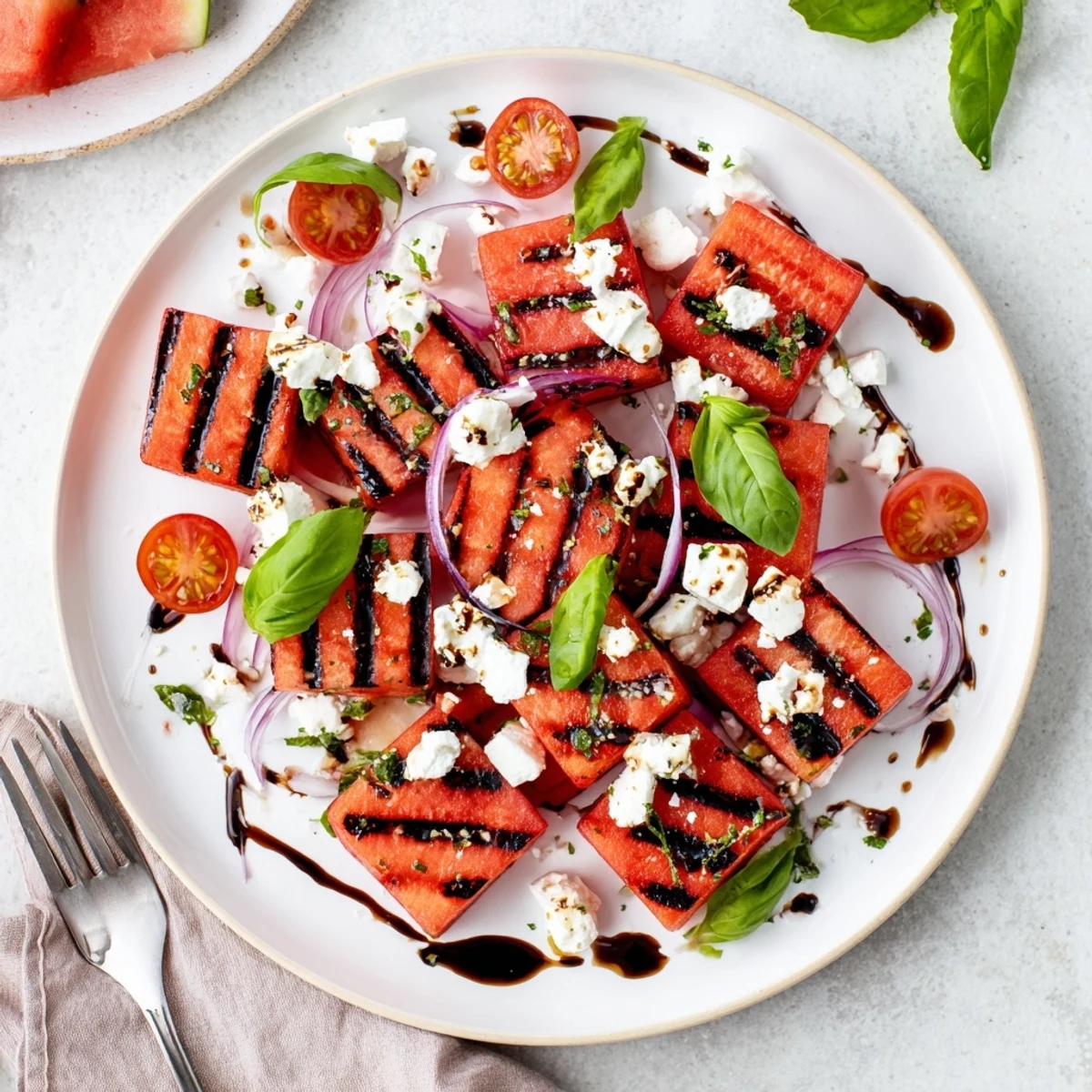 Fresh grilled watermelon salad with crumbled feta cheese and basil leaves on a white serving plate