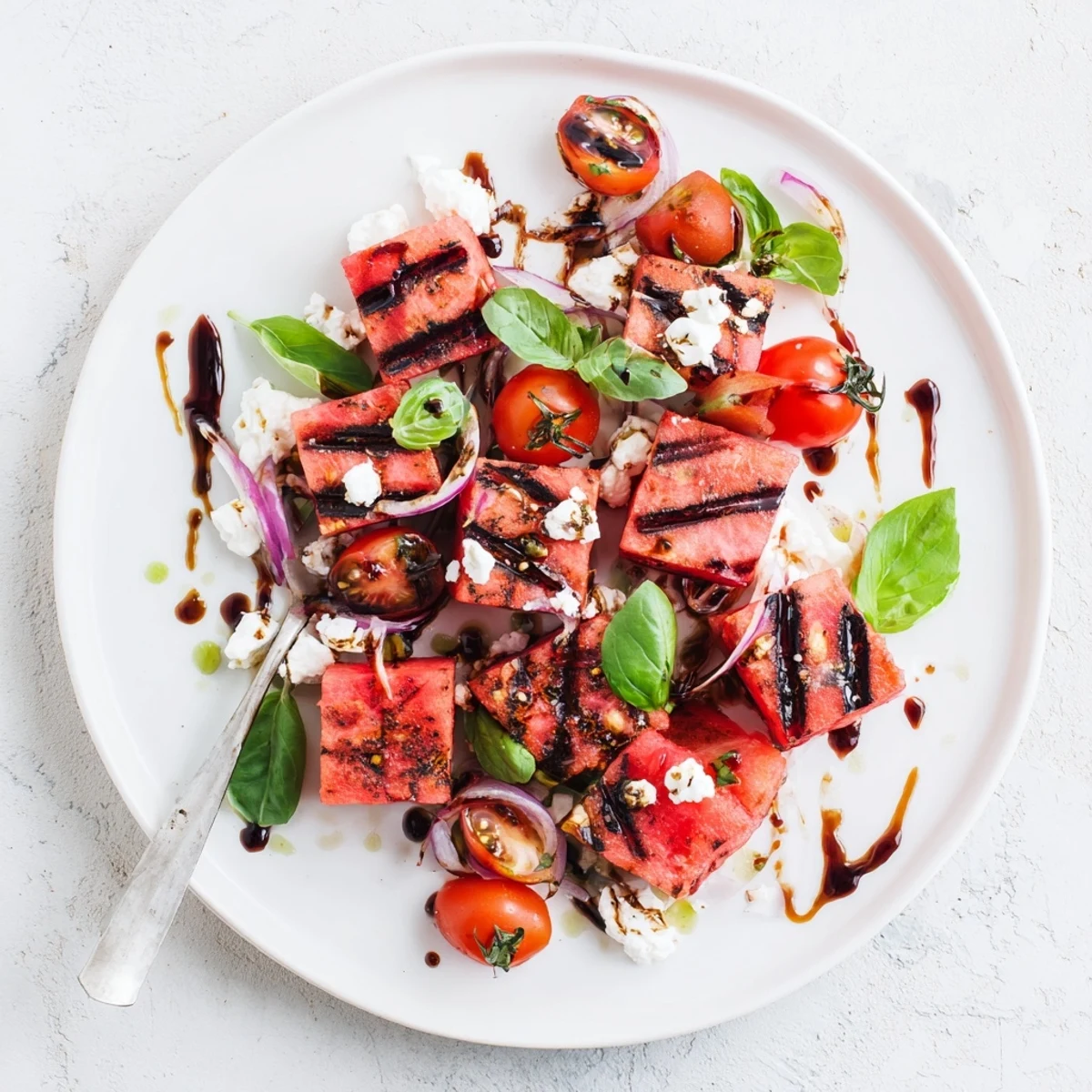 Colorful summer bowl featuring smoky grilled watermelon cubes, cherry tomatoes, red onion, and creamy feta topping