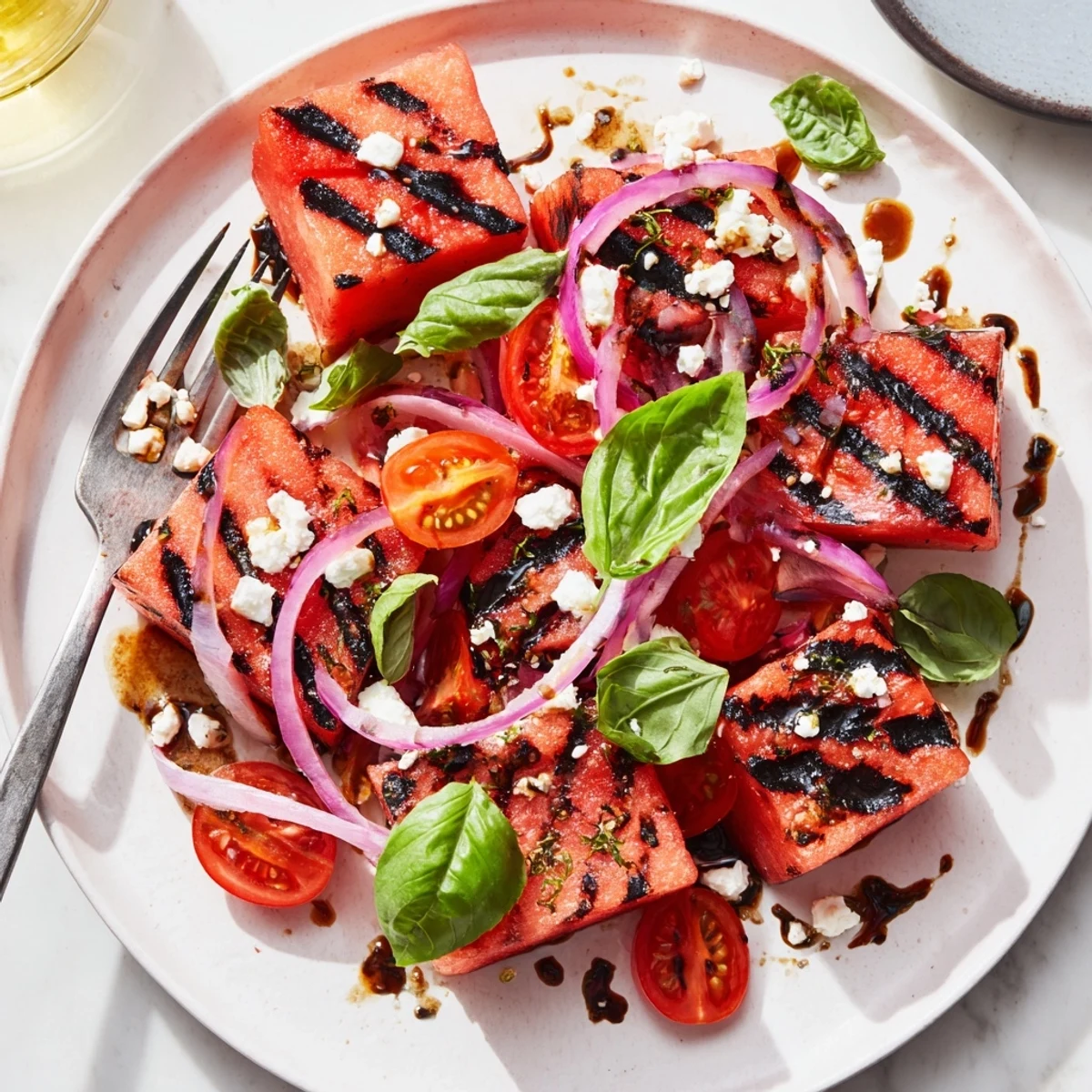 Vibrant Mediterranean salad plate with char-grilled watermelon, salty feta crumbles, and fresh green basil garnish