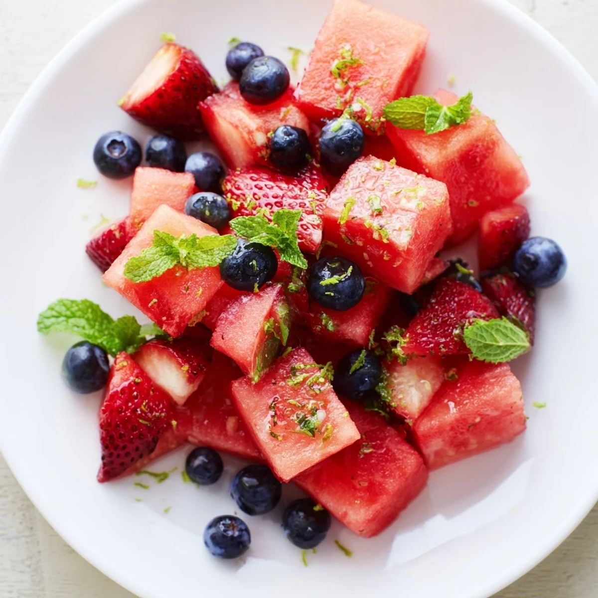 Fresh watermelon fruit salad bowl with strawberries, blueberries, and mint garnish