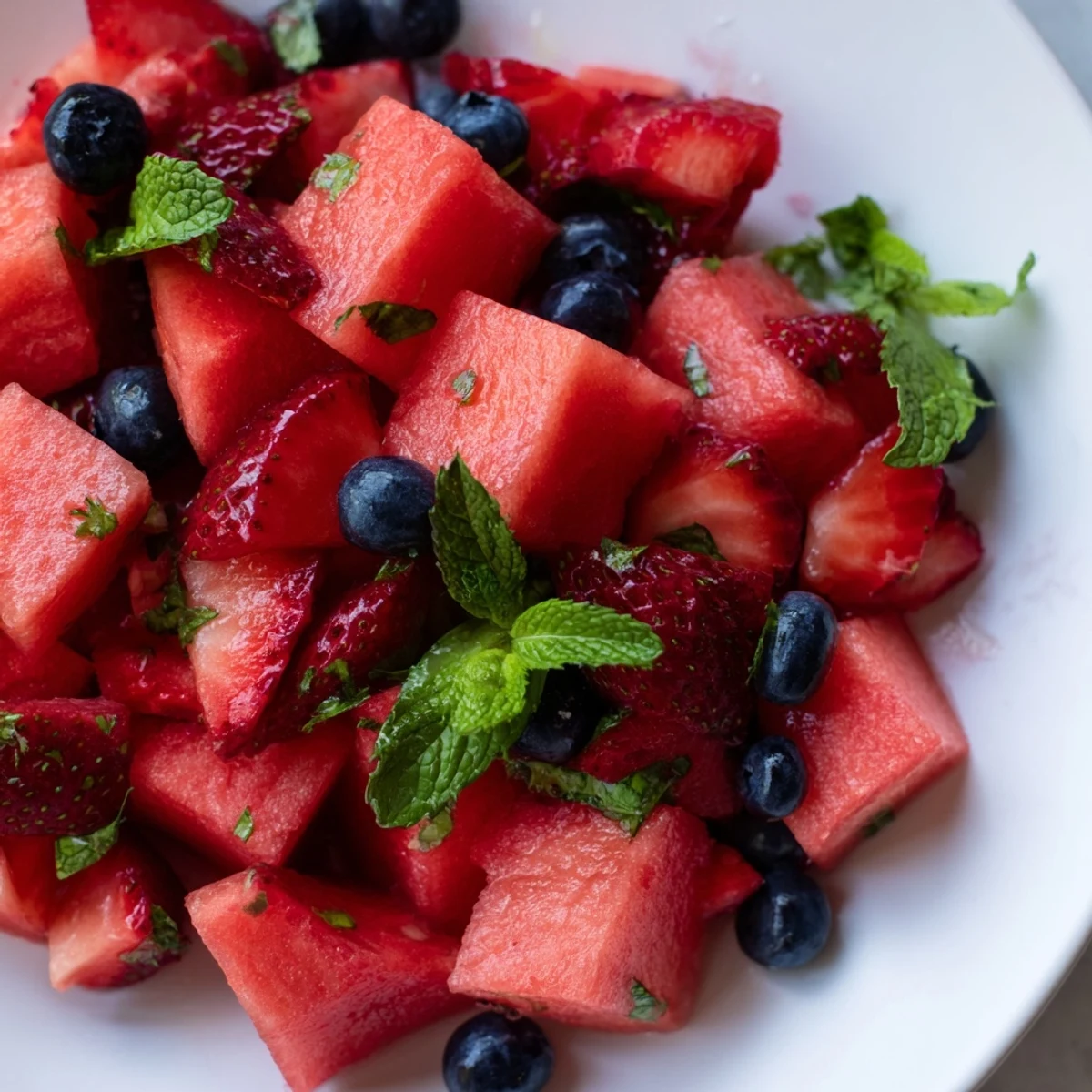 Colorful watermelon dessert salad with lime zest and fresh mint topping