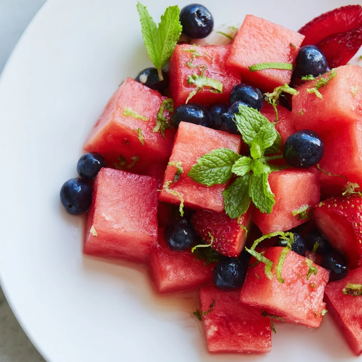 Refreshing watermelon recipe with citrus dressing and summer berries in glass bowl