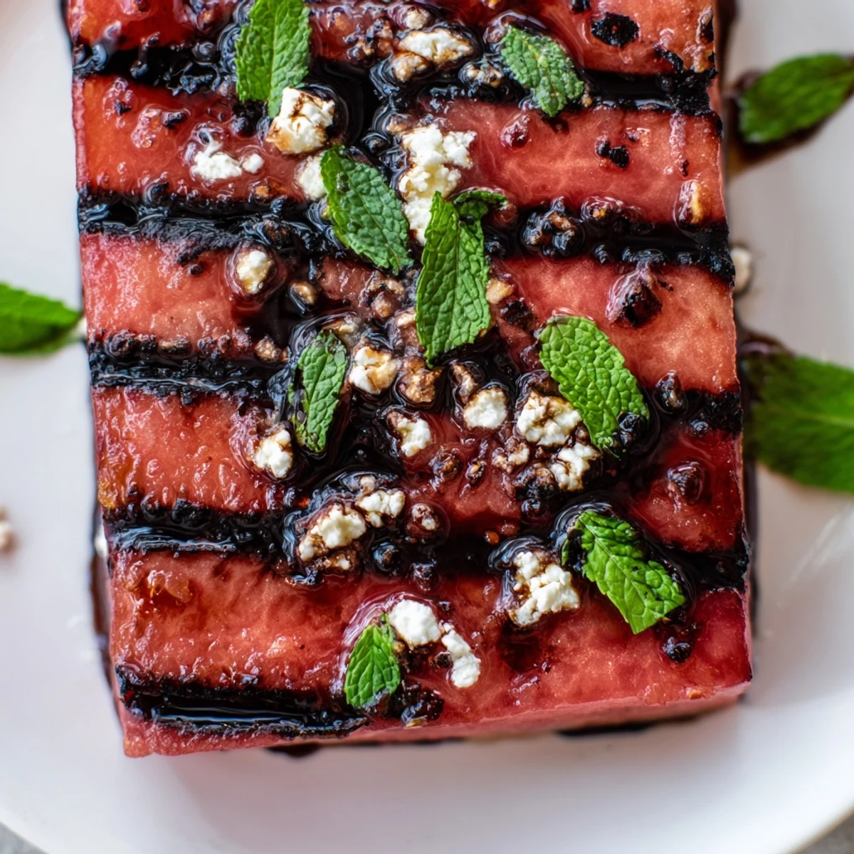 Grilled watermelon steak with caramelized grill marks and fresh mint garnish on a white plate