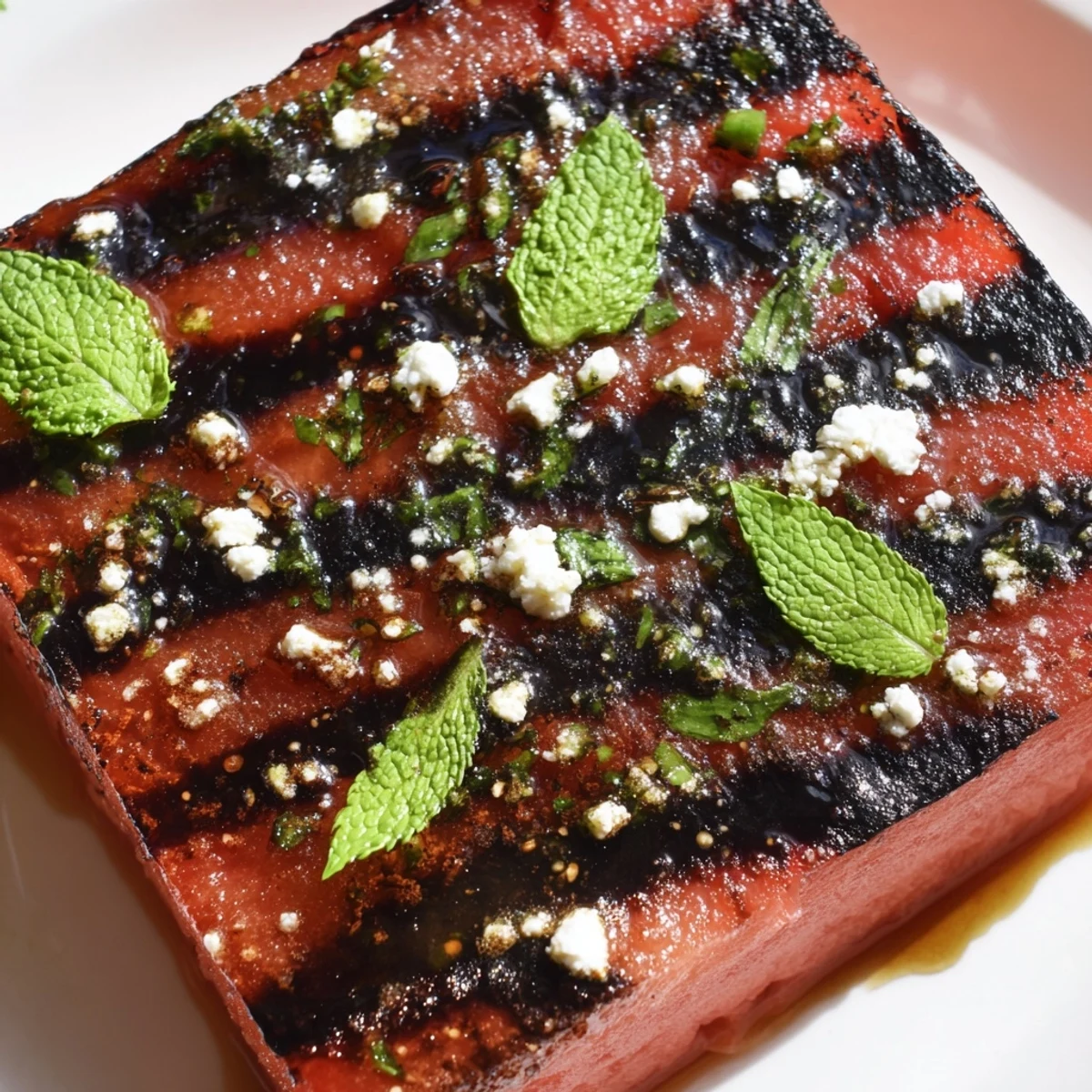 Juicy watermelon steak recipe featuring balsamic glazed slices topped with vegan feta and flaky salt