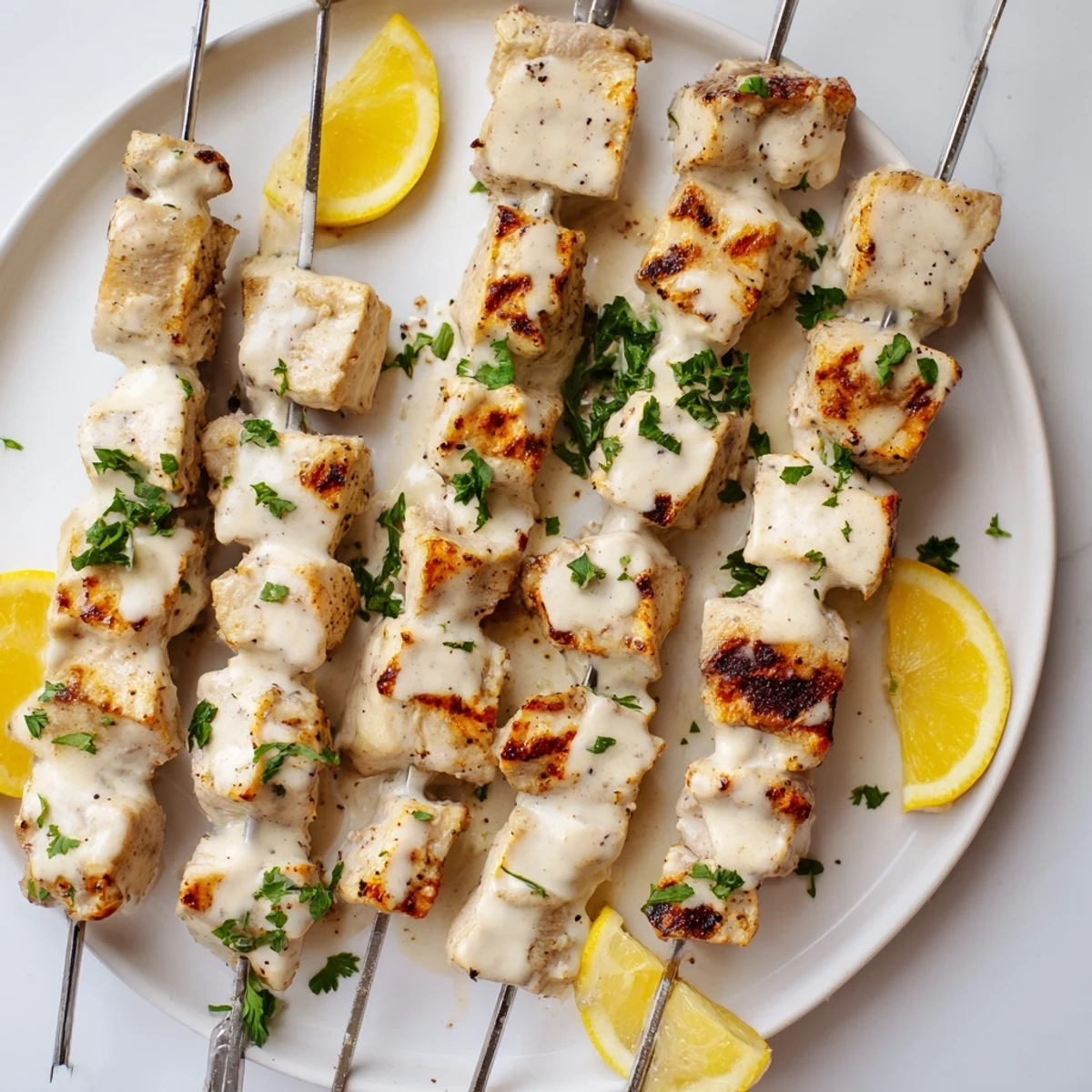 Golden Greek yogurt marinated chicken skewers grilled to juicy perfection with visible char marks