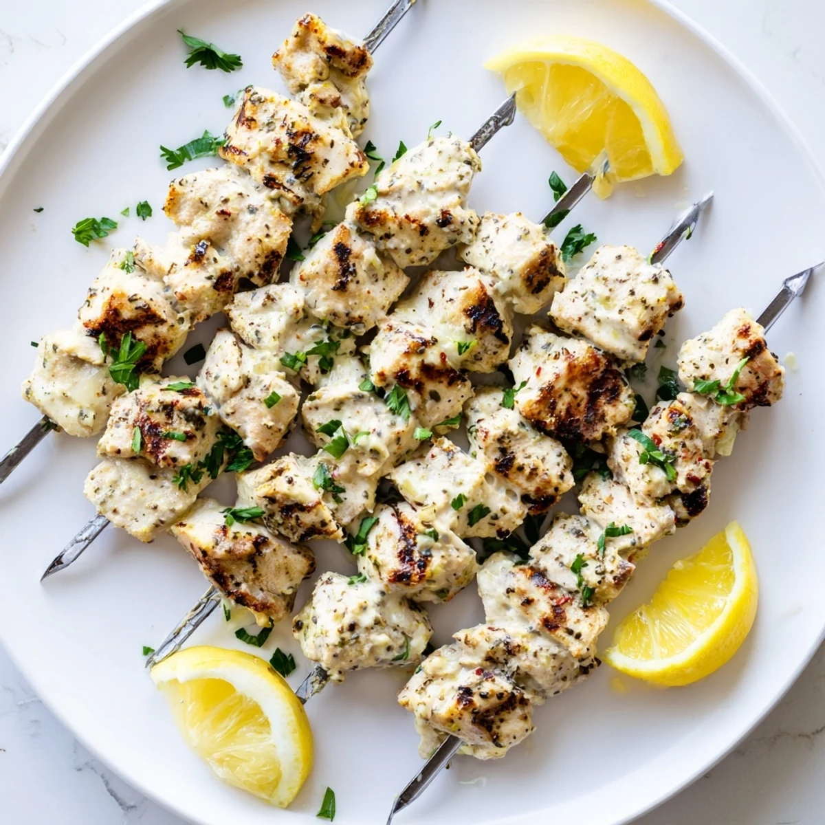 Tender chicken pieces threaded on skewers after marinating in creamy Greek yogurt herb mixture