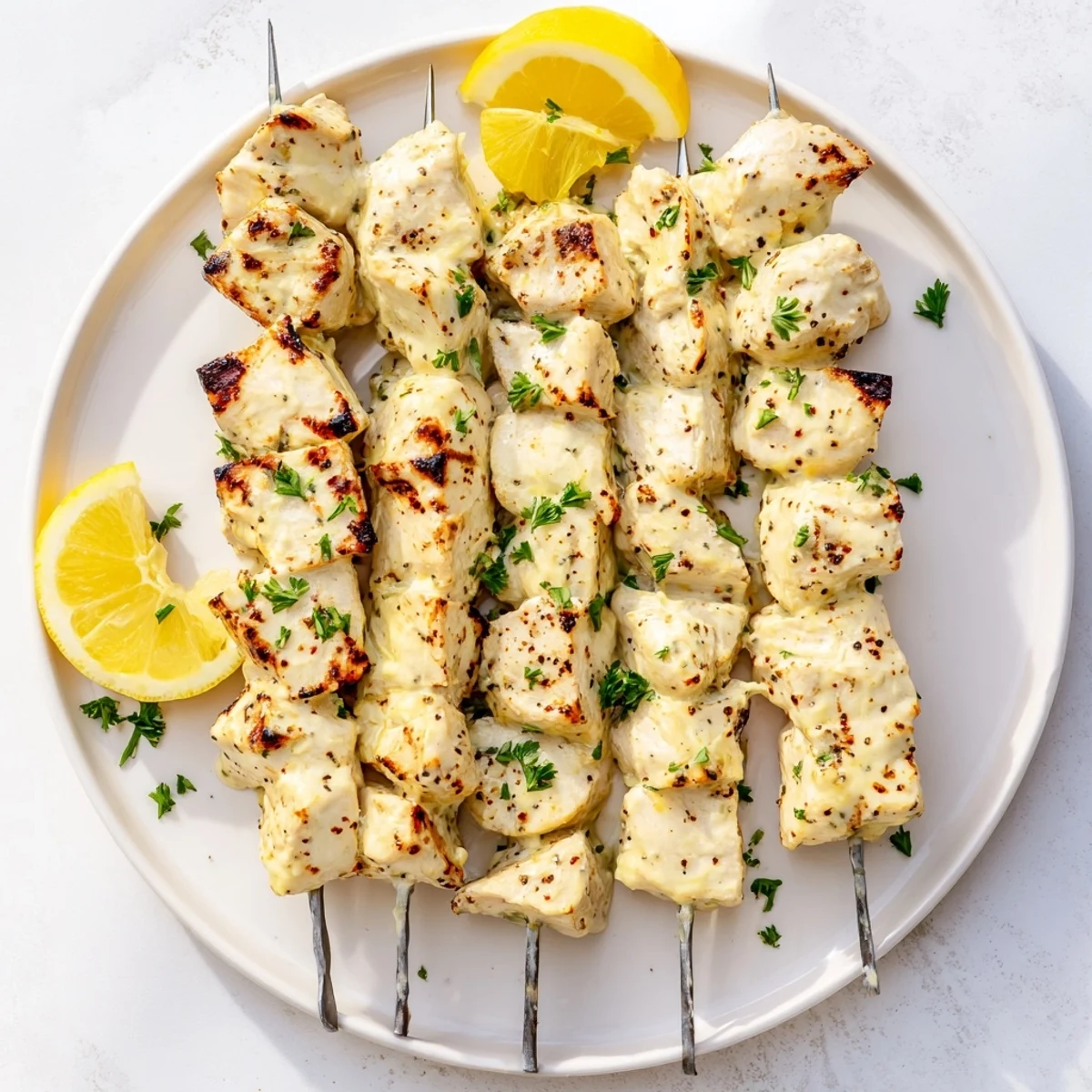 Delicious grilled chicken skewers coated in Greek yogurt spice marinade served with fresh lemon wedges