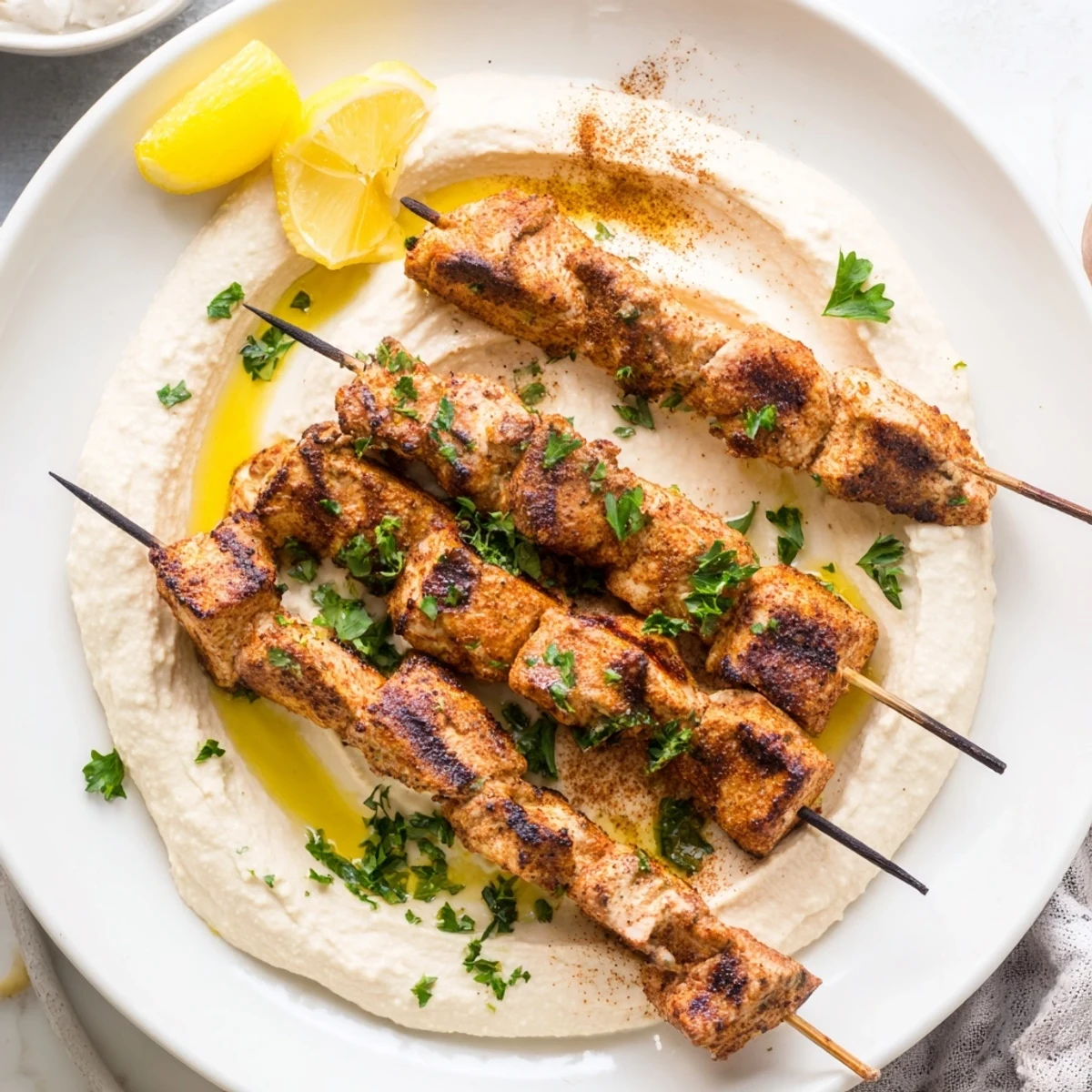 Golden grilled Mediterranean chicken skewers arranged over creamy hummus spread with fresh parsley garnish