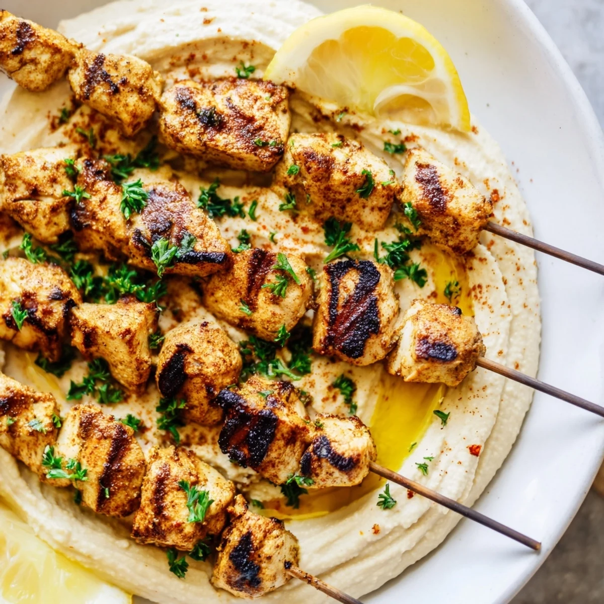 Tender marinated chicken threaded on skewers grilled to charred perfection served over smooth classic hummus