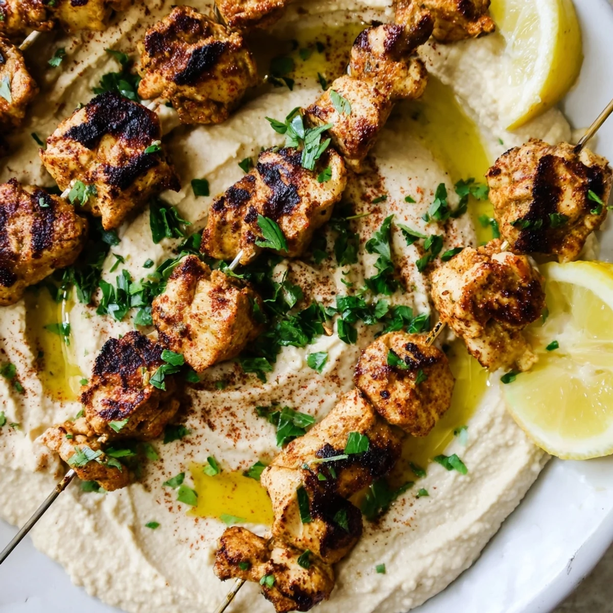 Juicy spiced chicken skewers resting atop bed of creamy tahini hummus garnished with lemon wedges