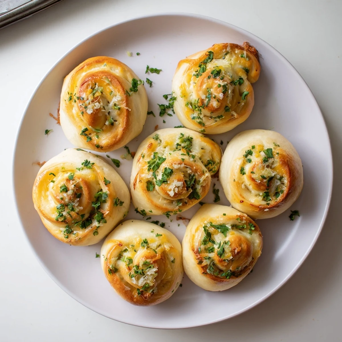 Golden brown cheesy garlic butter rollups fresh from the oven with bubbling melted cheese centers
