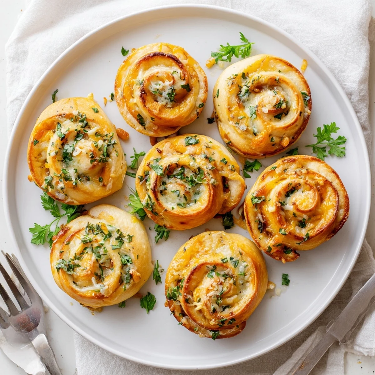 Baked crescent dough cheesy garlic butter rollups stuffed with three cheese blend and golden crust