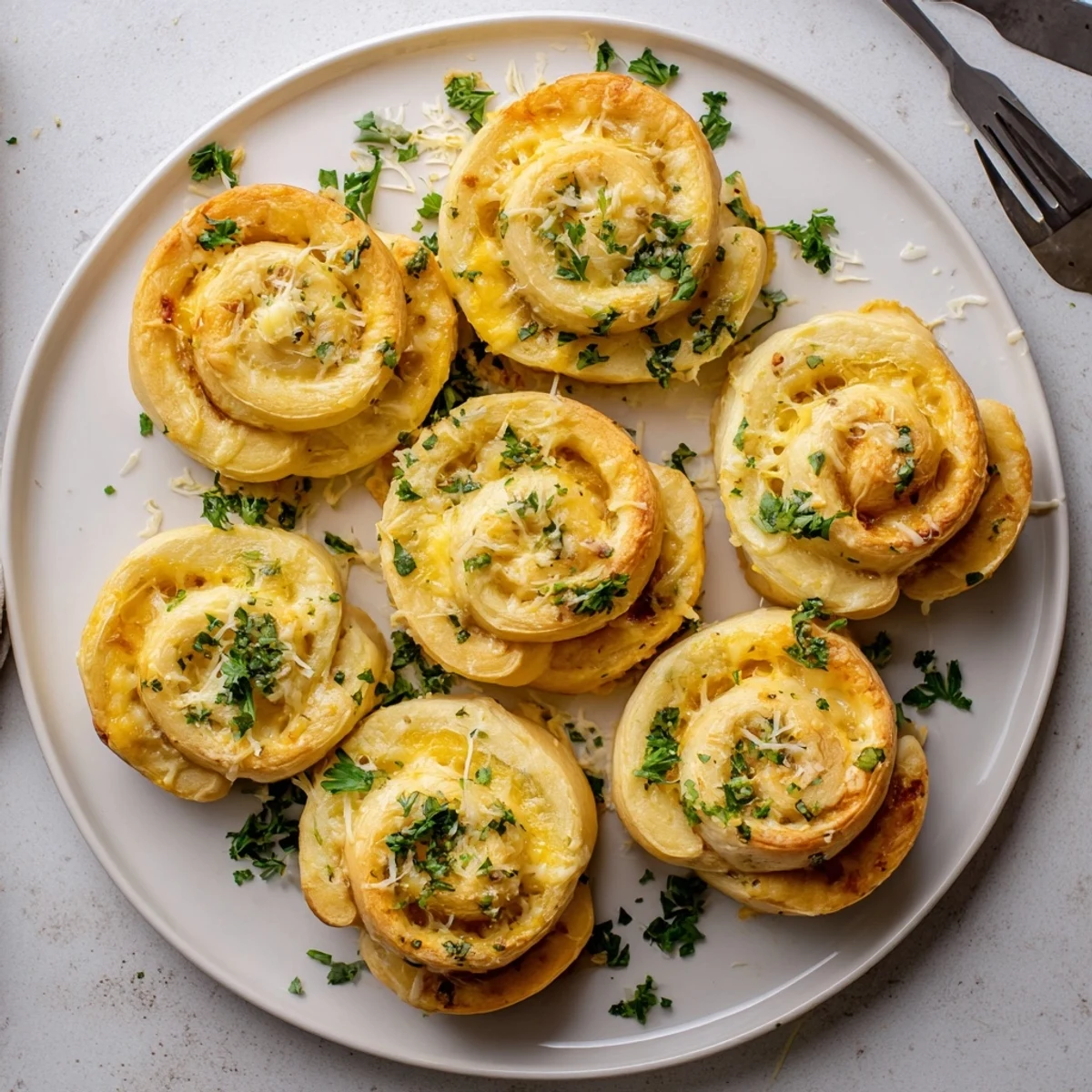 Warm flaky cheesy garlic butter rollups brushed with savory garlic butter and parsley garnish