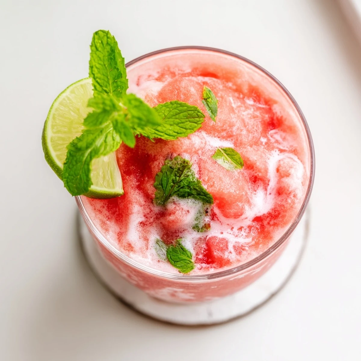 Frosty pink glass of coconut lime watermelon slushie garnished with fresh mint and lime wedge on a sunny patio