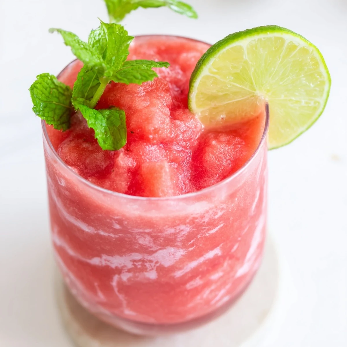 Ice-cold coconut lime watermelon slushie served in a mason jar with zesty lime wheel and mint sprig garnish