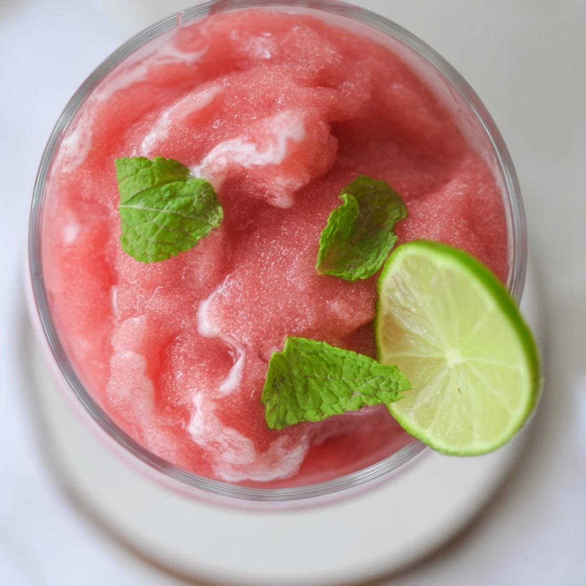 Tropical blender drink with frozen watermelon chunks swirling with creamy coconut milk and bright lime juice