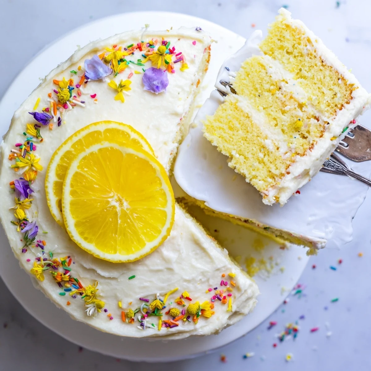 Golden Lemon Birthday Cake with fluffy white frosting and fresh lemon slices on top