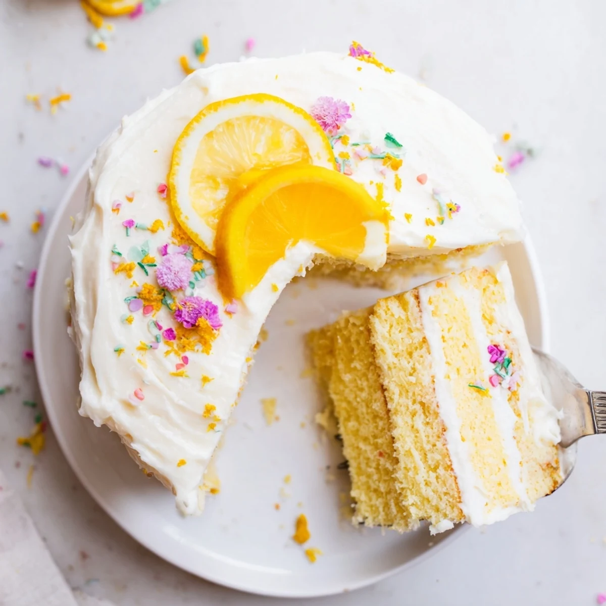 Tall layered Lemon Birthday Cake sliced to reveal moist yellow crumb and tangy cream cheese frosting