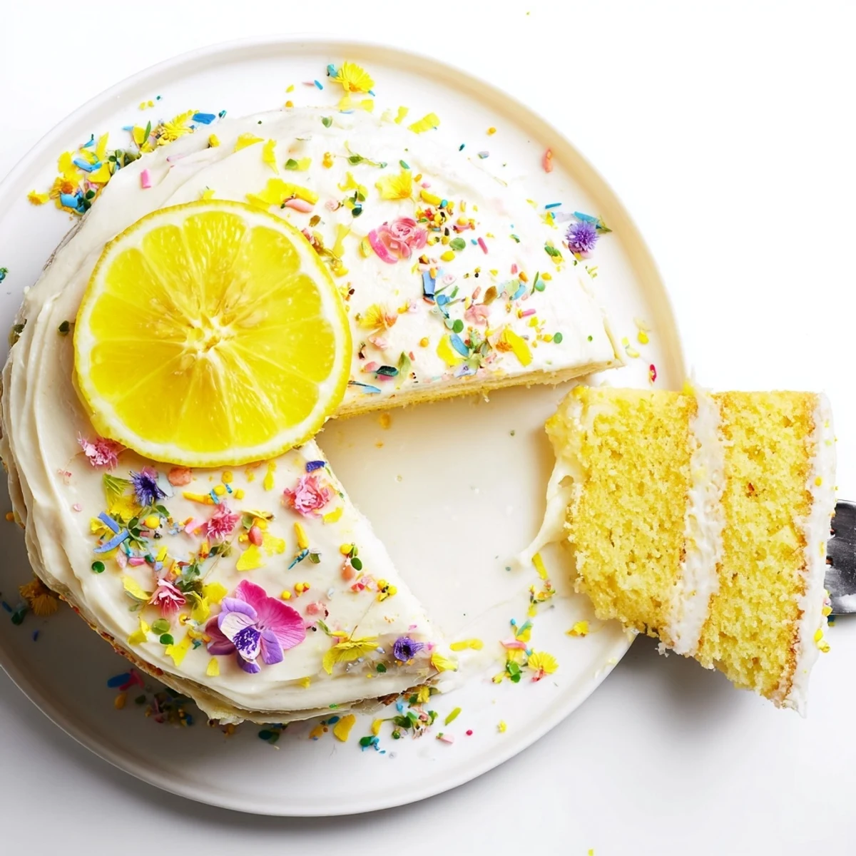 Festive Lemon Birthday Cake topped with zesty lemon garnish and smooth buttercream coating