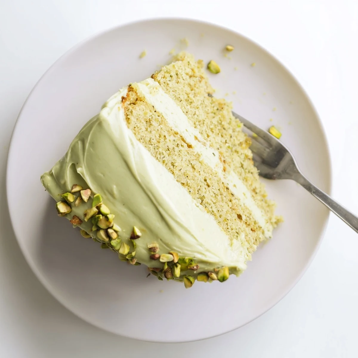 Slice of pistachio cake with pistachio buttercream frosting on a white dessert plate