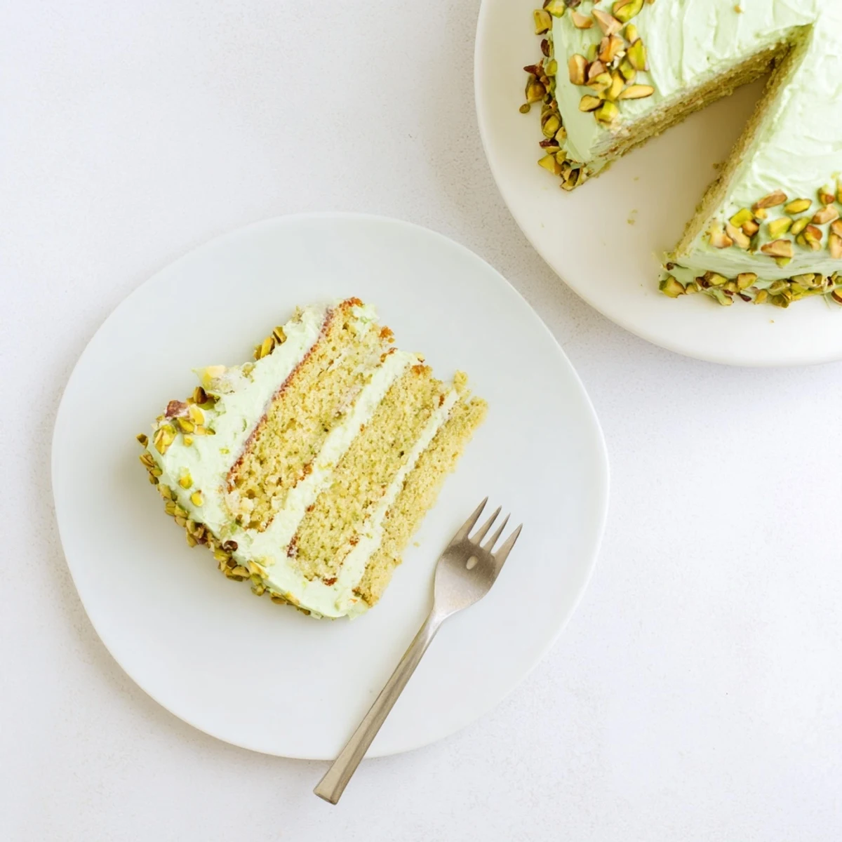 Moist pistachio cake layered with creamy green buttercream and topped with chopped nuts