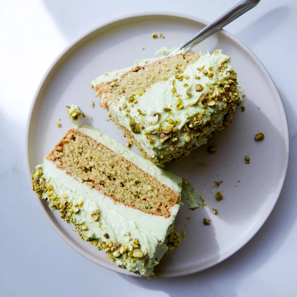 Two-layer pistachio cake with smooth buttercream frosting and garnished with crushed pistachios