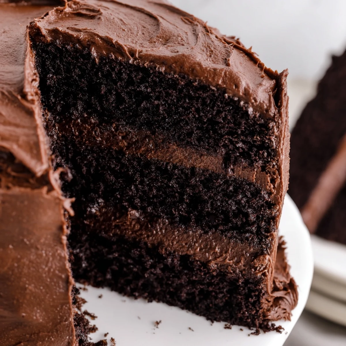 Slice of moist Matildas chocolate cake served on white plate with vanilla ice cream