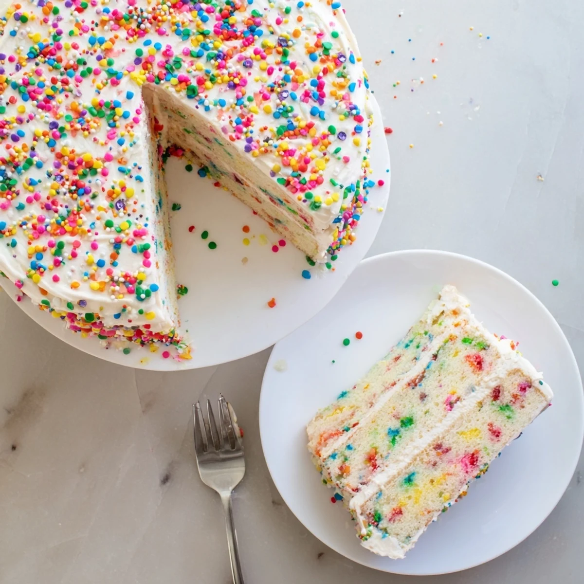 Homemade funfetti cake with fluffy vanilla buttercream and colorful rainbow sprinkles on top