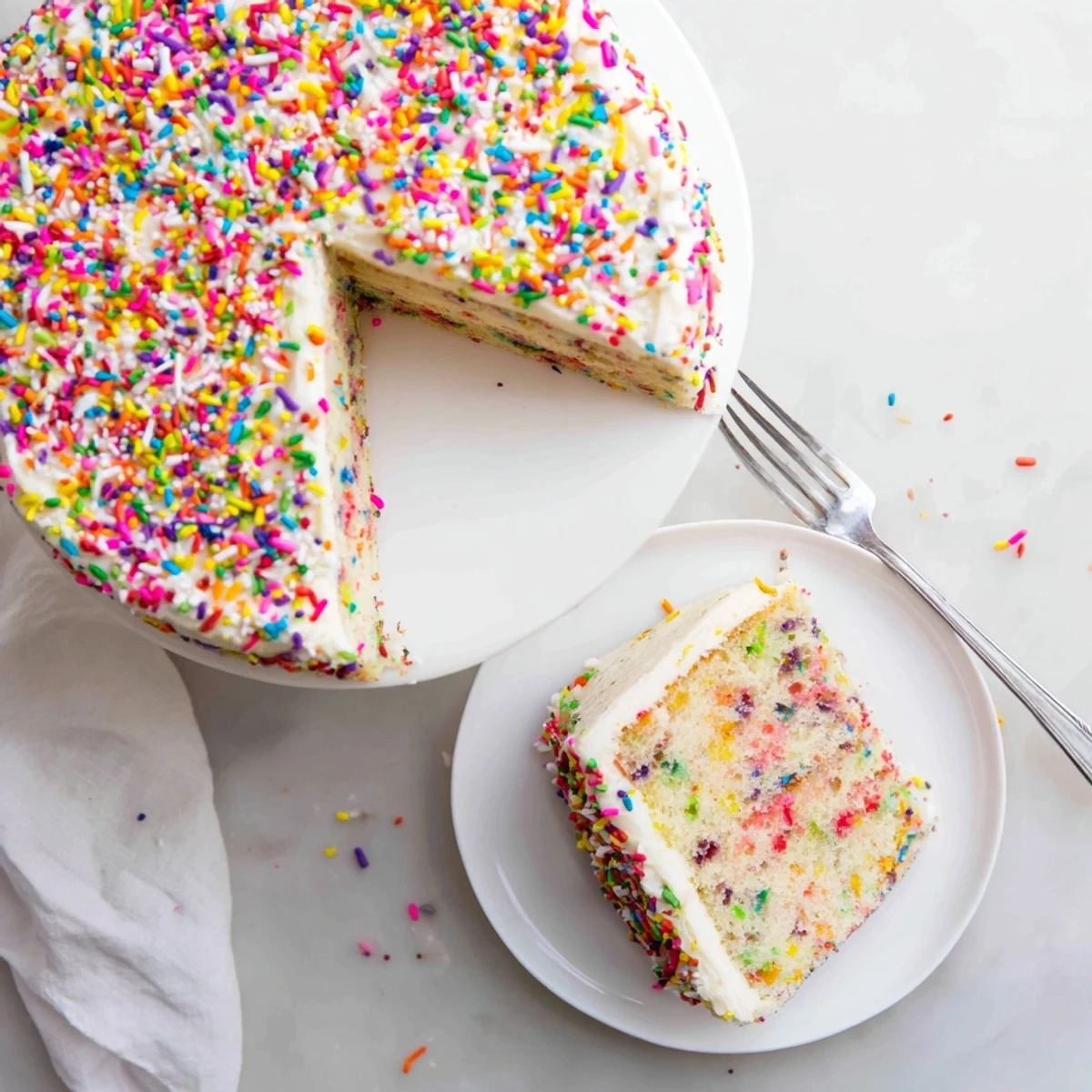 Slice of funfetti cake revealing rainbow sprinkles baked inside the moist vanilla layers
