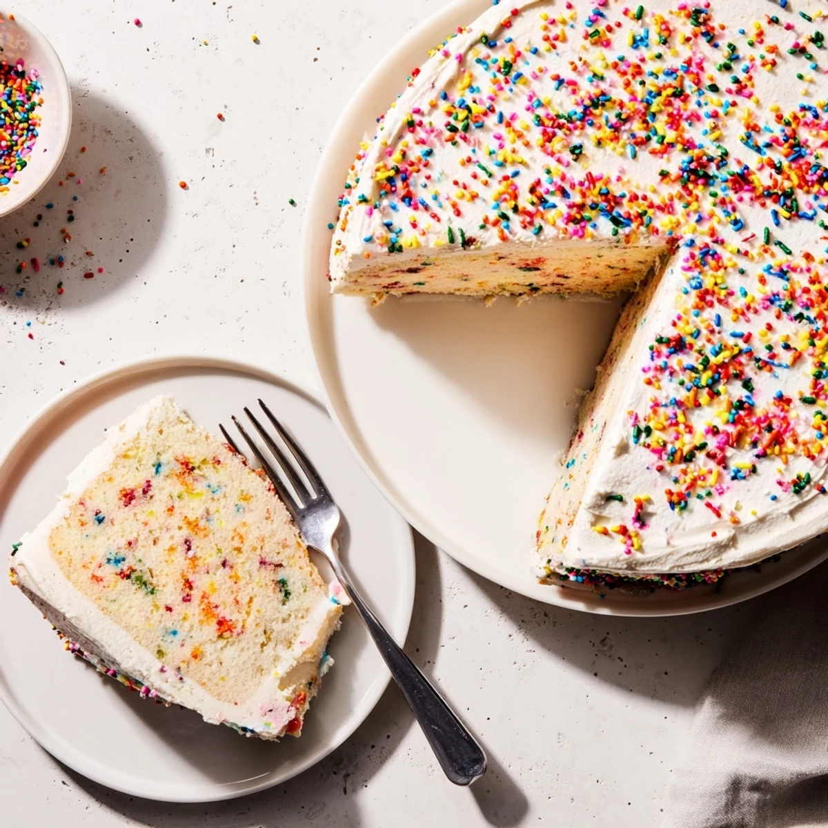 Frosted funfetti cake decorated with extra sprinkles for a festive birthday celebration dessert