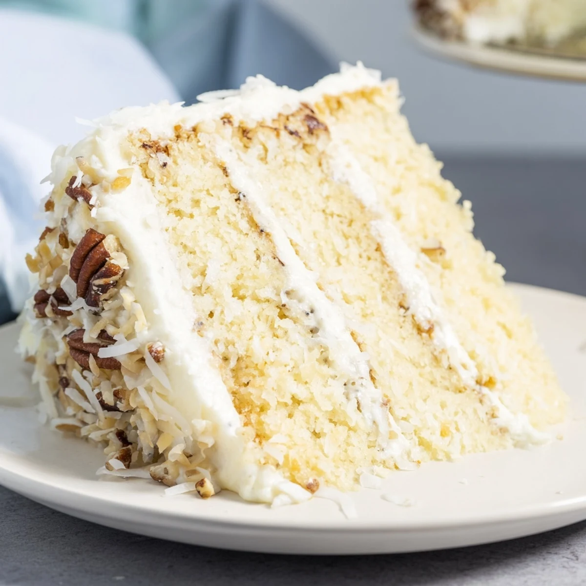 Golden slice of Quick Italian Cream Cake showcasing white cream cheese frosting and toasted pecans